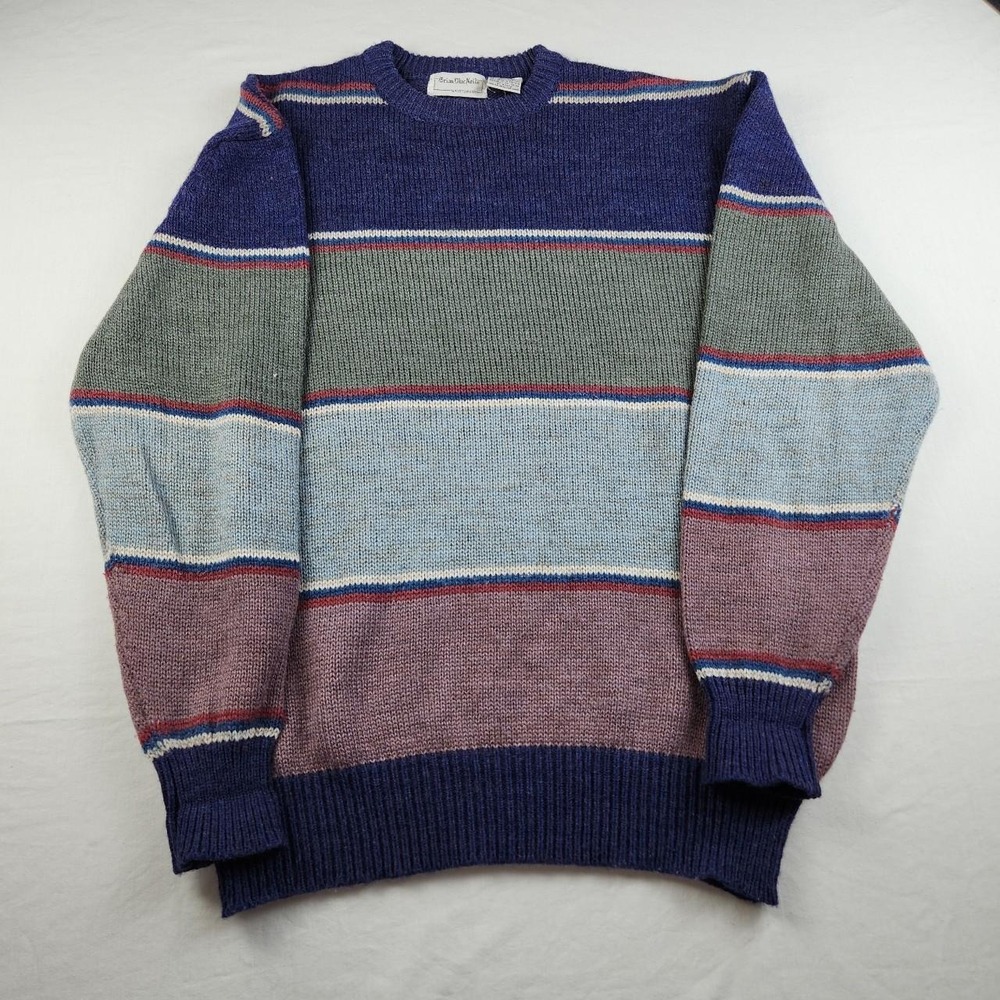 Brian MacNeil Vintage 90s Blue Grey Striped Crewneck Sweater‎ Mens XL Wool Blend